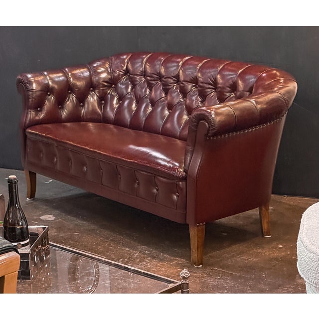 Swedish Chesterfield Sofa or Settee of Tufted Patinated Oxblood Leather For Sale - Image 4 of 15