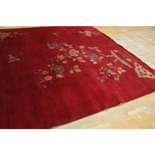 Ruby Red 1920s Ruby Red Floral Antique Chinese Art Deco Carpet 9' X 12 Knotted Wool Rug For Sale - Image 8 of 10