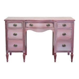 Vintage Hand Painted Pink Writing Desk of Seven Drawers For Sale