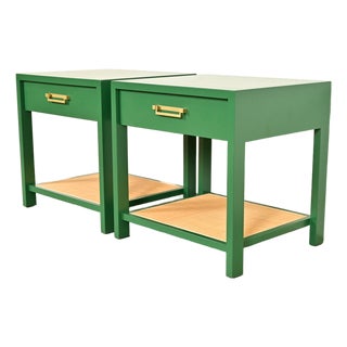 Michael Taylor for Baker Furniture Mid-Century Hollywood Regency Green Lacquer and Cane Campaign Nightstands, Newly Refinished For Sale