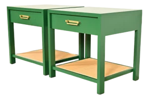 Michael Taylor for Baker Furniture Mid-Century Hollywood Regency Green Lacquer and Cane Campaign Nightstands, Newly Refinished