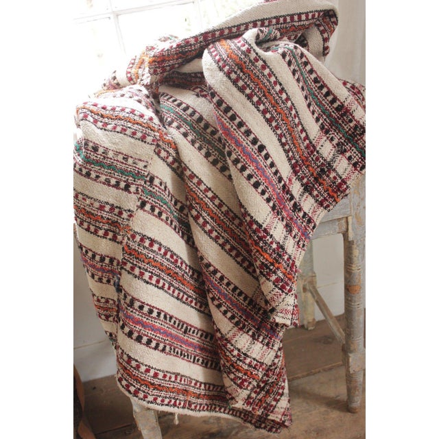Vintage Folk Art Homespun Wool Linen Hemp Cotton Plaid Textile Throw