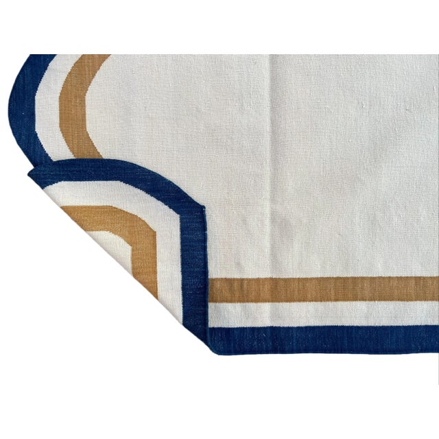 Casa Cosima Not Yet Made - Made To Order Handmade Cotton Vegetable Dyed Scalloped Rug Cream, Mustard and Navy Blue Border - 8'x10' For Sale - Image 4 of 11