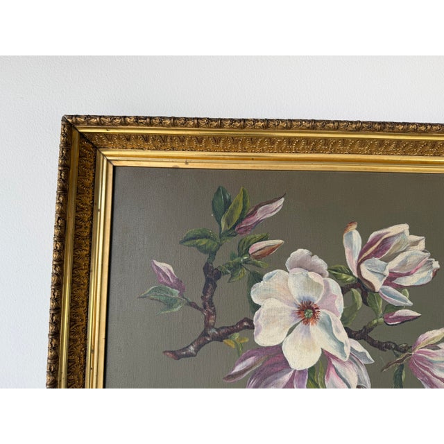Vintage Magnolia Blossom Still Life Oil on Board Painting in Ornate Gold Wood Frame For Sale In Miami - Image 6 of 12