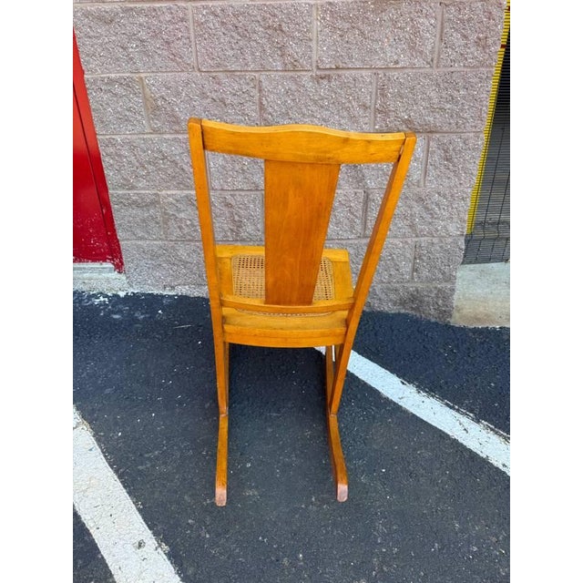 Vintage Rustic Country Colonial Oak Wood Cane Rocking Chair For Sale - Image 9 of 16