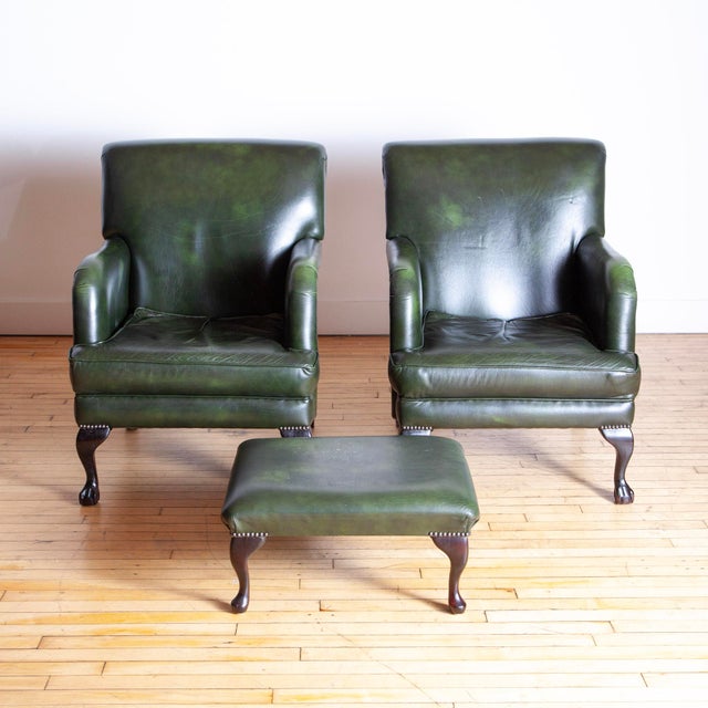 Mid 20th Century Pair of George Smith Style Leather Armchairs and Ottoman For Sale In Philadelphia - Image 6 of 10