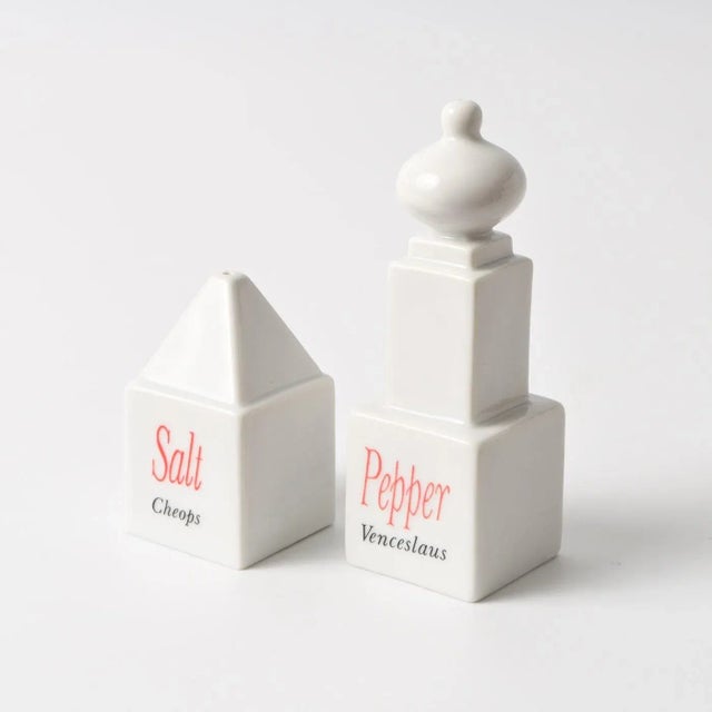 Porcelain salt and pepper shakers from the Monumenti series. Designed in 1987 by Matteo Thun for Arzberg. Given dimensions...