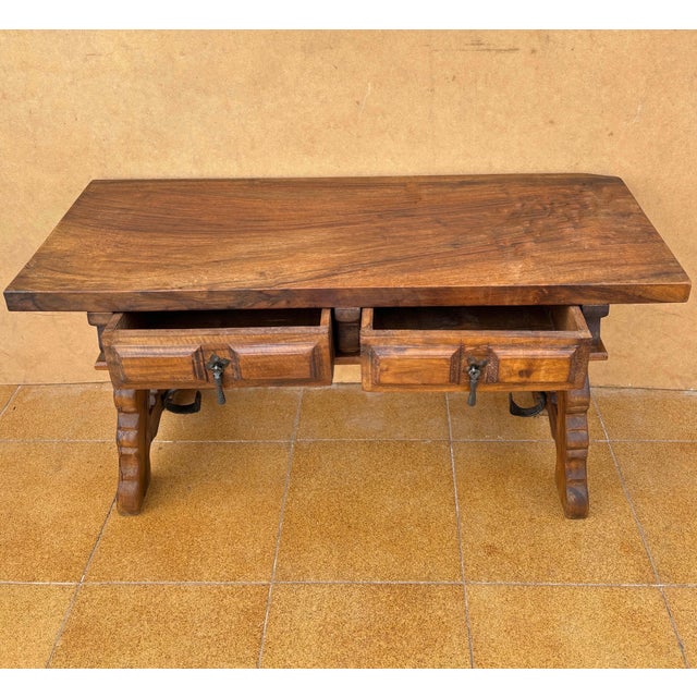 1930s 1930s Low Rustic Walnut Console Table with Two Drawers and Iron Stretcher For Sale - Image 5 of 9