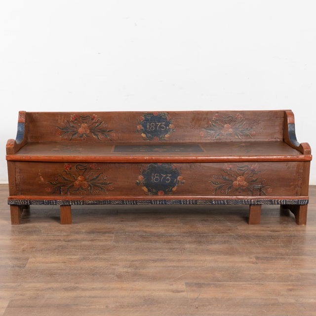 Folk Art Original Painted Pine Bench With Storage Dated 1873 From Romania For Sale - Image 3 of 14