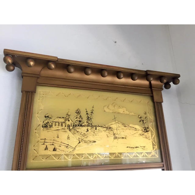 American Vintage Federal Style Mirror With Reverse Painted Boat and Church Scene Circa 1940's For Sale - Image 3 of 5