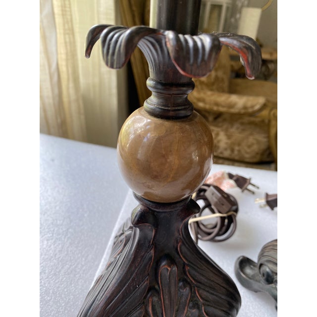 Vintage Pair of Ornate Table Lamps With Polished Natural Stone Spheres, Dark Bronze & Brass Finish, Traditional European Style For Sale In Naples, FL - Image 6 of 10
