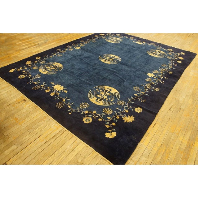 1920s Antique Blue Navy Traditional Floral Birds Chinese Peking Wool Rug For Sale - Image 9 of 10