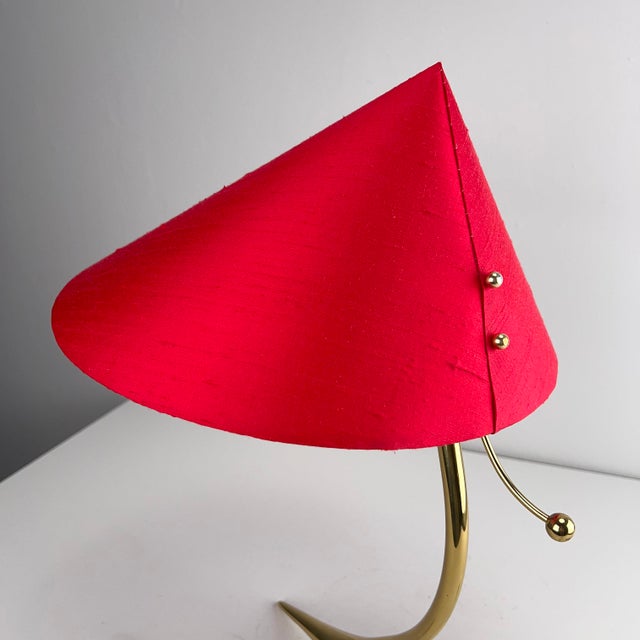 J.T. Kalmar Table Lamp with Golden Crows Foot and Newly Upholstered Red Silk Shade by J. T. Kalmar, 1950s For Sale - Image 4 of 14