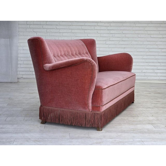 Wood Danish 2-Seater Sofa in Pink Velour and Oak, 1970s For Sale - Image 7 of 18