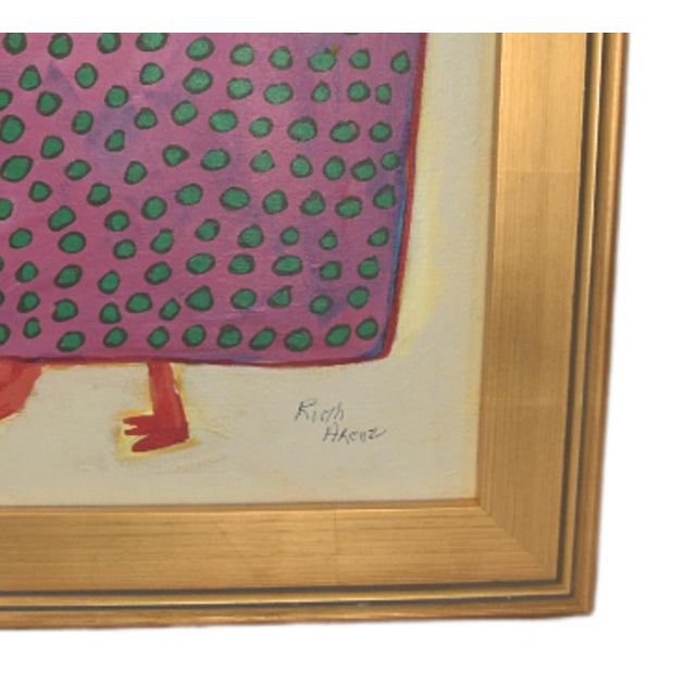 Farmhouse Folk Art Chicken Hen Painting Ruth Arenz Including the Antiqued Gold Wood Frame For Sale - Image 3 of 5