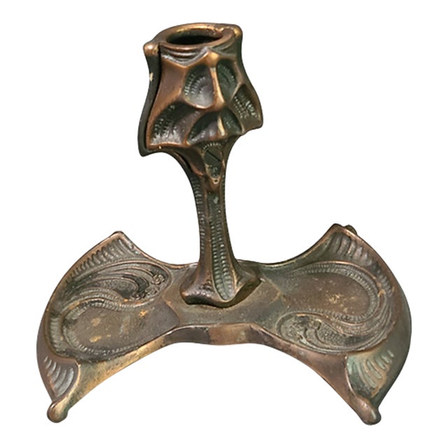 Antique Patinated Copper Figural Art Nouveau-Gothic-Viking Candlestick Holder For Sale