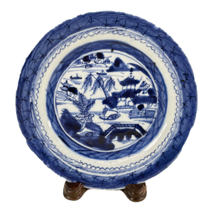 Antique 19th Century Chinese Canton Export Blue & White Porcelain Plate & Stand