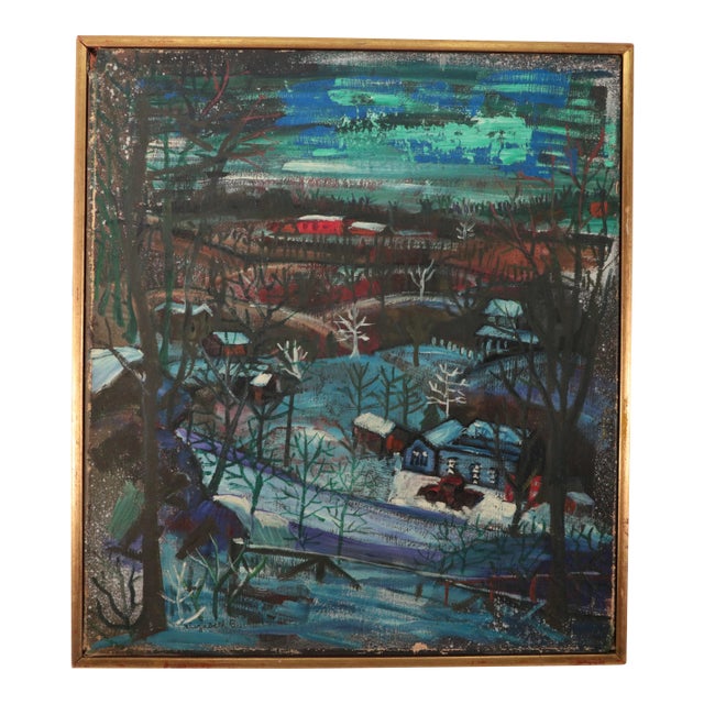 Country Snow Original Mid Century Naive Painting For Sale
