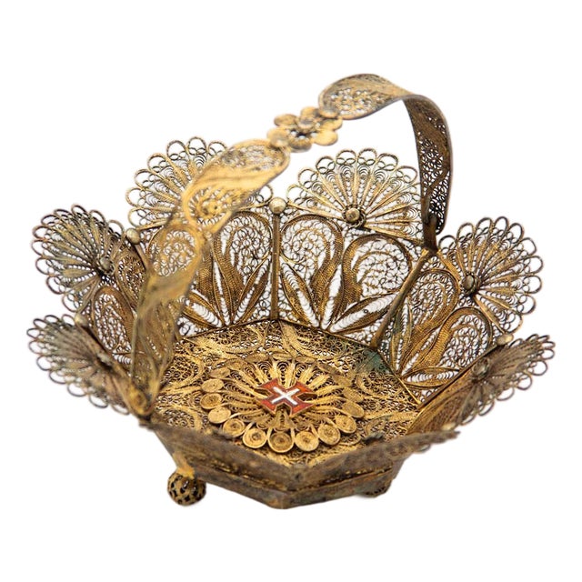 Gilded Silver Basket in Filigree Mesh For Sale