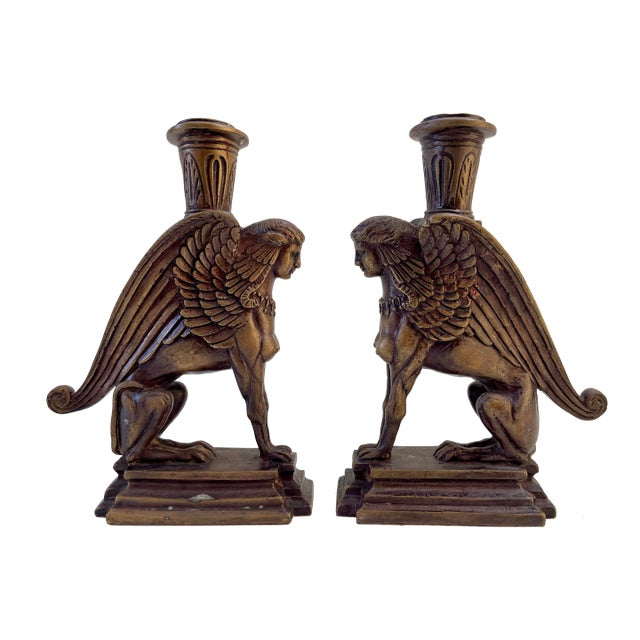 French Bronze Victorian Art Deco Style Sphinx Candleholders - a Pair For Sale