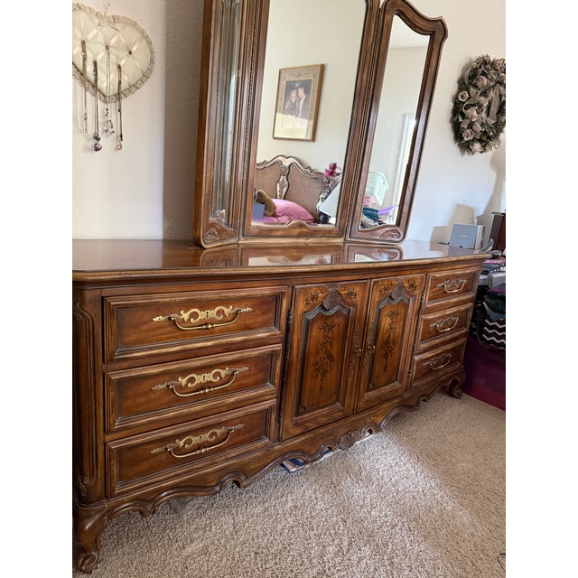 1970s Drexel Heritage French Provincial Louis XV Carved Walnut Triple Dresser With Matching Mirror For Sale - Image 12 of 13