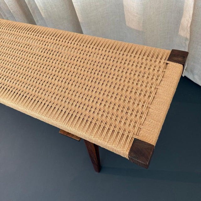 Mid-Century Modern Style Hand-Woven Rope Weave and Walnut Bench For Sale - Image 9 of 10