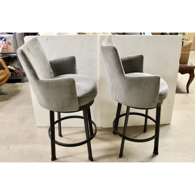 Contemporary Contemporary Gray Velvet Swivel Counter Stools, Pair For Sale - Image 3 of 8