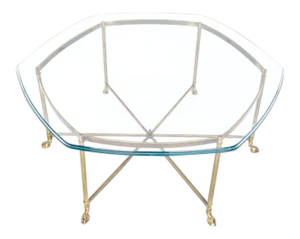 Mid-Century Modern Solid Brass Hoof Feet and Thick Glass Coffee Table