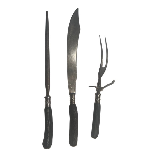1920s Staghorn and Sterling Silver Carving Set- 3 Pieces For Sale