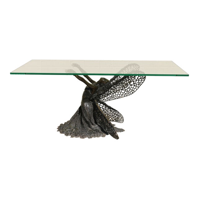 Vintage Sculptural Bronze Fairy Dining Table With Glass Top | Figural Art Nouveau Style Base, Circa 1990s For Sale