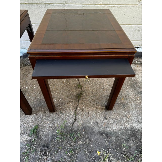 Wood Late 20th Century Pair of Mahogany Chinese Chippendale Style End Tables With Writing Surfaces For Sale - Image 7 of 8