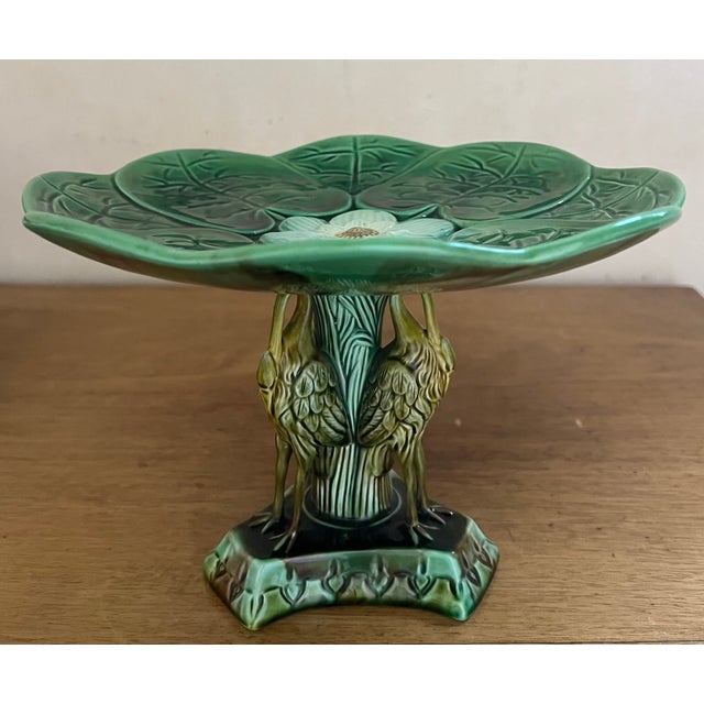 Antique English Majolica Pond Lily Compote With Stork , C. 1880's For Sale - Image 13 of 16