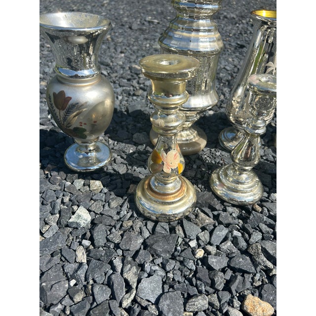 Vintage Mercury Glass Candlesticks and Vases- Set of 10 For Sale - Image 14 of 17