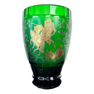 Large Green Art Glass Don Quijote Vase with Gold Painted Decor, Former Czechoslovakia, 1930 For Sale