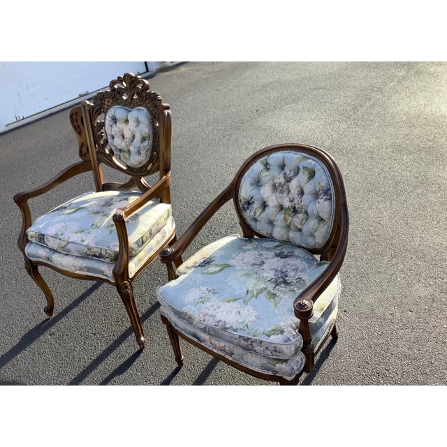 1960s Mid Century Vintage Chairs With Carved Oak Wood Frames- Set of 2 For Sale - Image 5 of 10