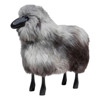 Lalanne Style Large Life-Size Sheep Stool or Sculpture - Gray Fur and Black Wood For Sale