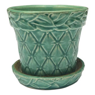 1940's McCoy Pottery Quilted Planter With Saucer Pattern #16 - Small Teal For Sale