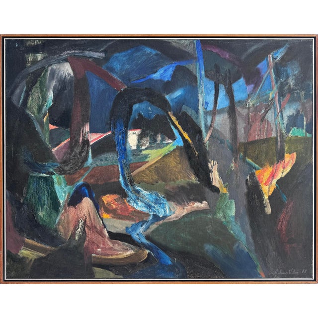 Vintage Abstract Oil Painting by Brazilian Artist Antonio Vitor, 1987 For Sale