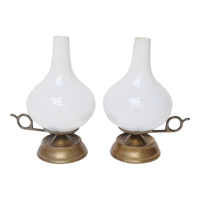 Pair of Petite Vintage Italian Chamberstick Glass and Brass Bedside Lamps For Sale