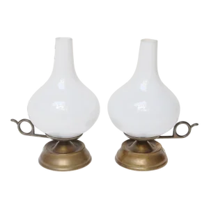 Pair of Petite Vintage Italian Chamberstick Glass and Brass Bedside Lamps