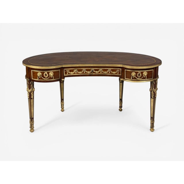 19th Century Guillaume Grohé, Kidney Shaped Desk and Chair, Leather, Bronze, France, 19th C. For Sale - Image 5 of 18