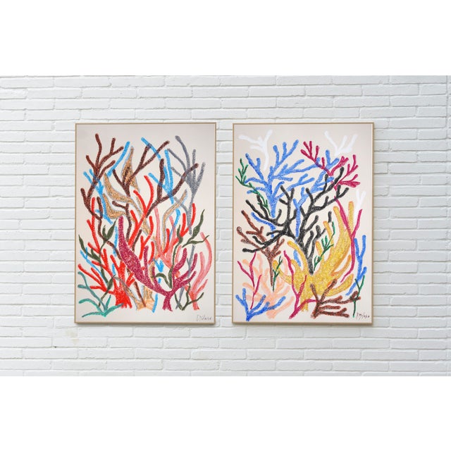 Red 2025, Colorful Marine Vegetations, Large Diptych Coral Reef, Gouache Crayon on Watercolor Paper by Romina Milano- Set of 2 For Sale - Image 8 of 9
