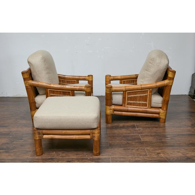 Midcentury Bamboo Lounge Chairs with Ottoman, Rattan Accents, and Linen Fabric For Sale - Image 10 of 12