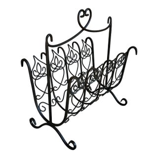 Late 20th Century Black Wrought Iron Heart & Scroll Detailed Magazine Rack For Sale