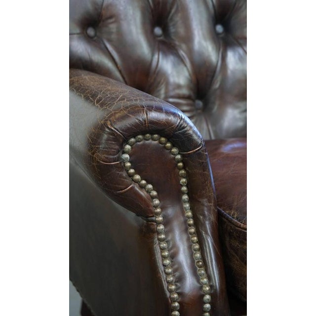 Cognac Colored Brown Chesterfield Armchair For Sale - Image 11 of 14