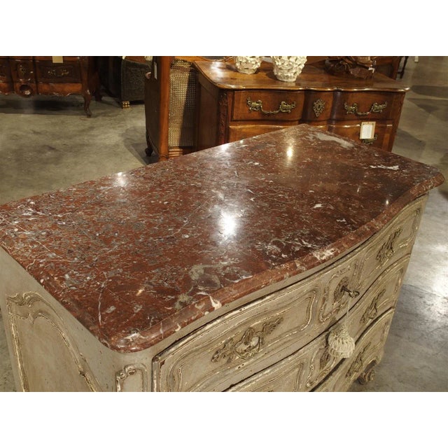 Antique Louis XV Style Painted French Chest of Drawers With Marble Top For Sale - Image 10 of 12