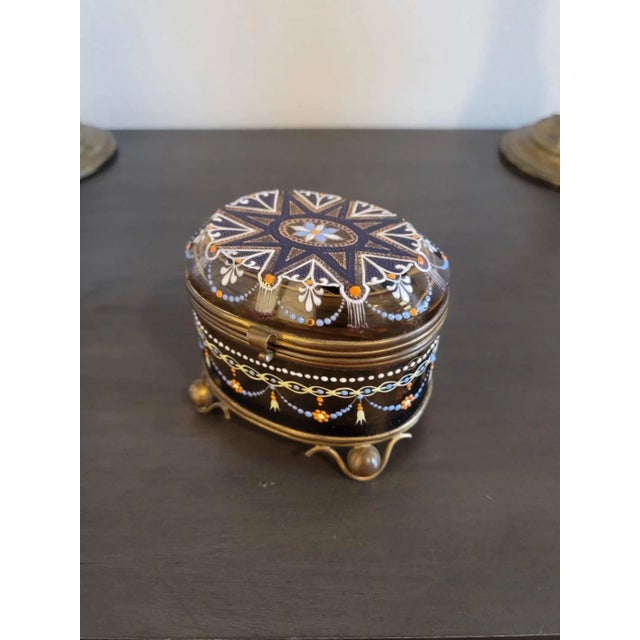 A stunning antique Bohemian enameled art glass hinged lid jewelry casket - table box by renowned luxury glass maker Moser....