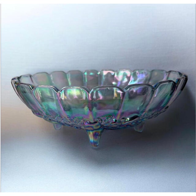 Vintage 1970s Indiana Glass Iridescent Blue Carnival Glass Harvest Grape Footed Centerpiece Bowl.. For Sale - Image 10 of 10