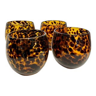 Set of 4 Tortoise Shell Hand Blown Old Fashion Glasses, 1960s For Sale