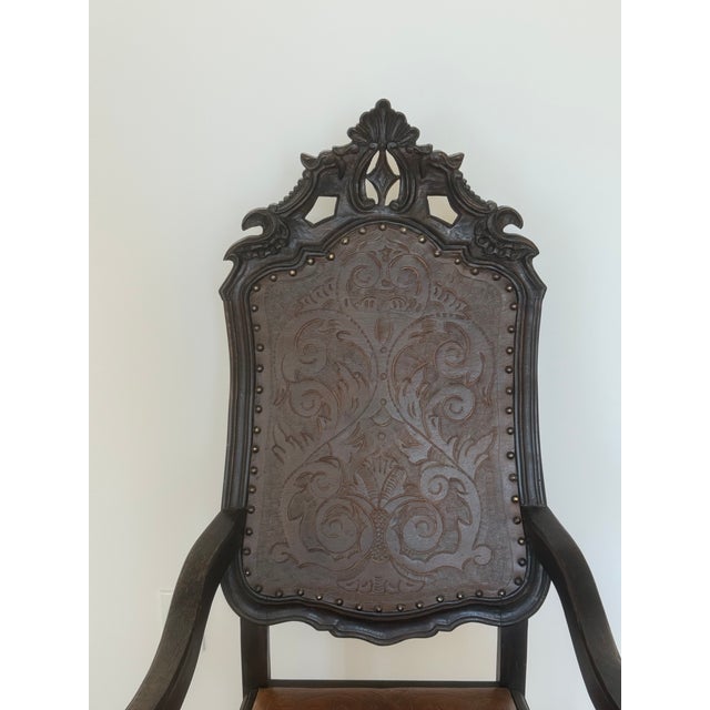 Rustic Spanish Style Hand Carved Wood and Embossed 2 Colors Leather Chair For Sale - Image 4 of 4